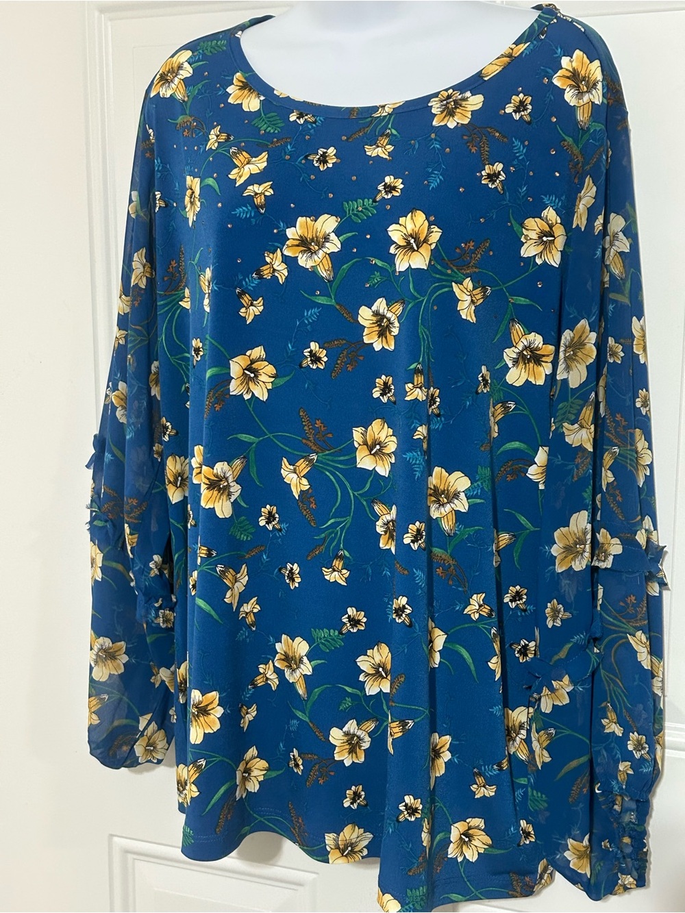 Susan Graver Teal Floral Scoop Neck Blouse with Yellow Blooms